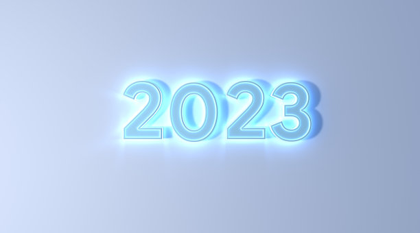 2023文字蓝色霓虹灯效果在白底3d插图渲染图片下载