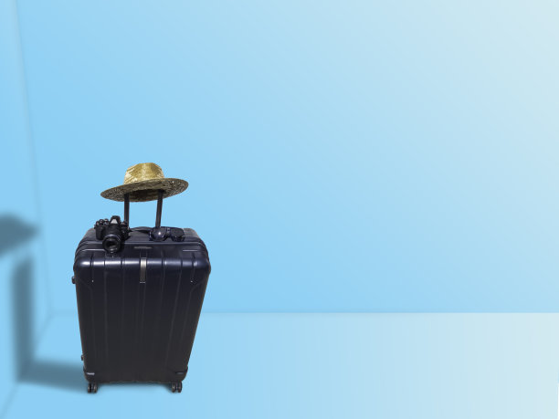 色彩柔和的背景。行李箱，太阳镜，相机和草帽。图片下载