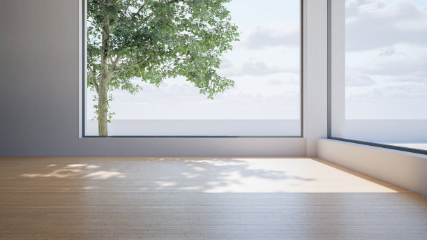 3D渲染一个新的空置住宅房间，木地板和城市观景窗，早晨的阳光照射进来。公寓，家居产品背景。图片下载