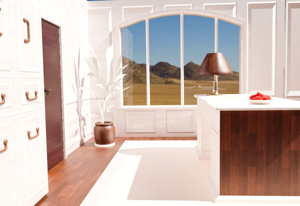 一个现代大理石和红木房间的内部，有一张办公桌。图片下载