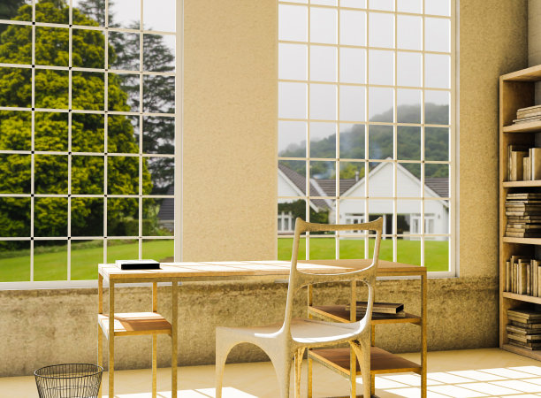 乡村图书馆内部，桌子和书架上的书与乡村景观。室内设计。图片下载