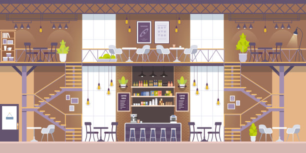 阁楼风格的现代咖啡馆室内。空无一人。餐厅平面矢量图图片下载