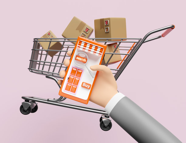 商人手里拿着橙色的手机，智能手机放大，货物纸箱，购物车孤立在粉红色的背景上。网上购物，搜索数据概念，3d插图或3d渲染图片下载