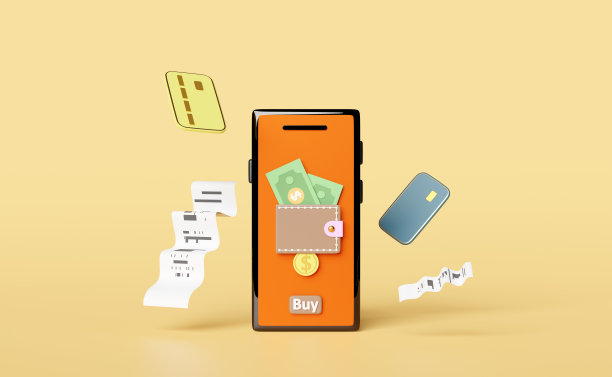 钱包和橙色手机，智能手机上有硬币，美元纸币，信用卡，发票，纸质收据，黄色背景的电子账单支付。省钱的概念，3d插图，3d渲染图片下载