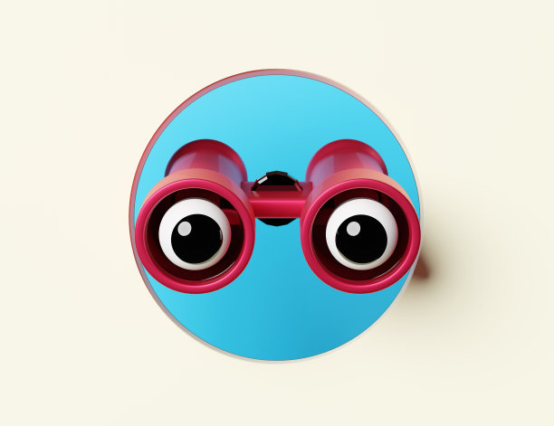 红色双筒望远镜与眼睛隔离在米色背景，3d插图或3d渲染图片下载