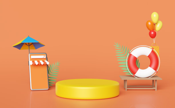 舞台讲台上有手机，智能手机店前，雨伞，气球，手掌，购物纸袋，救生圈孤立在橙色背景上。网上购物夏季销售概念，3d插图，3d渲染图片下载