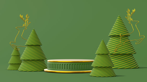 新年概念模型。空荡荡的绿色和金色圆形讲台上装饰着圣诞装饰品。圣诞树、拐杖糖、雪花、礼品盒和红球。模拟。三维渲染图片下载