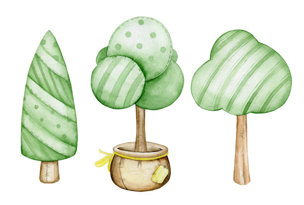 树木，云杉，卡通风格，在一个孤立的背景。水彩对象集图片下载