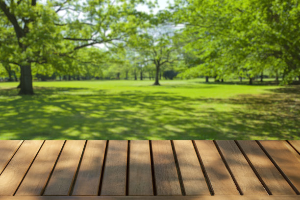 木桌与公园散景背景图片下载
