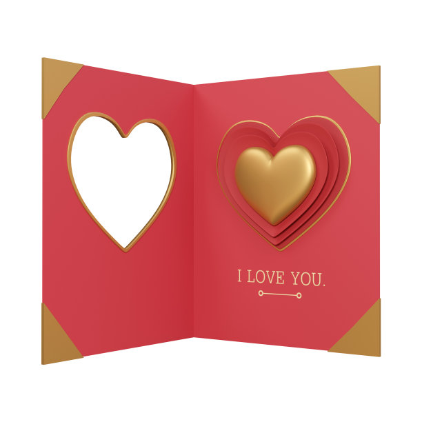 3d渲染红色和金色的心贺卡图片下载