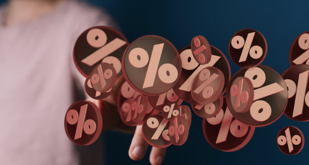 渲染一个百分比标志和一个男性在一个模糊的背景，销售和财务概念图片下载