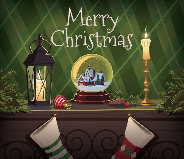 壁炉上的雪球。圣诞装饰矢量插图图片下载