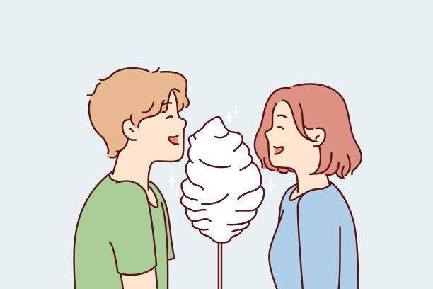 男孩和女孩拿着棉花糖，微笑着一起吃街上买的甜点。矢量图图片下载