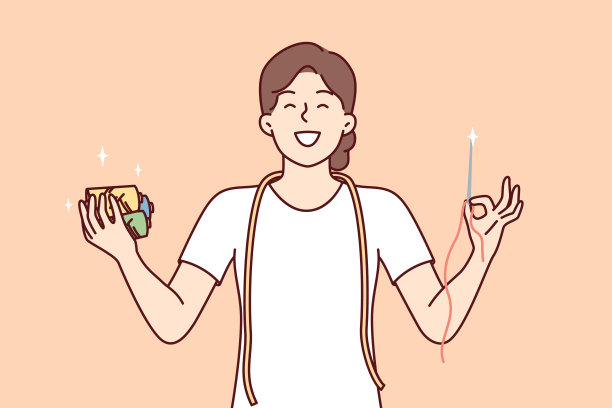 女裁缝用手拿着锋利的针和线做衣服。矢量图图片下载