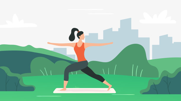 瑜伽锻炼自然。女子在户外的垫子上做运动。年轻的女性角色在绿色的草坪上练习瑜伽图片下载