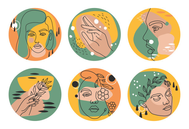 为拥有女性面孔的美妆博主设计的抽象波西米亚风格的故事图标。社交媒体上有年轻女孩的头像，手，花图片下载