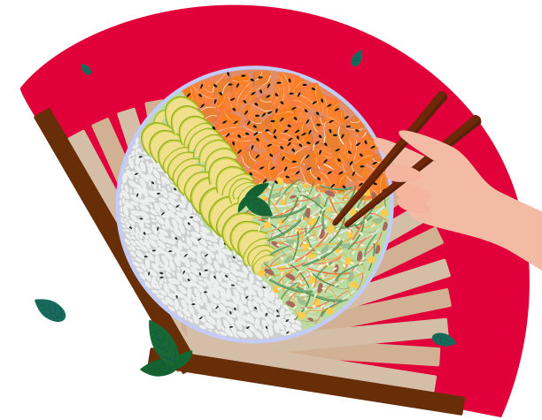 用海鲜和米饭戳碗。传统亚洲菜，手拿筷子图片下载