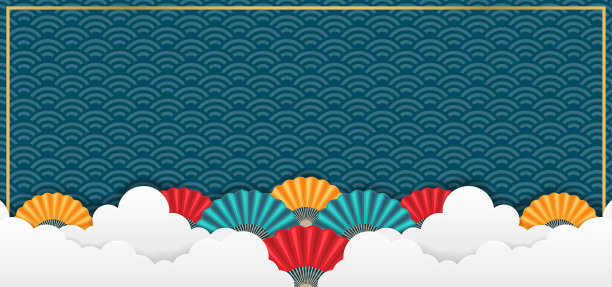 中国新年背景与无缝模式，云，金框架，和手扇装饰品图片下载