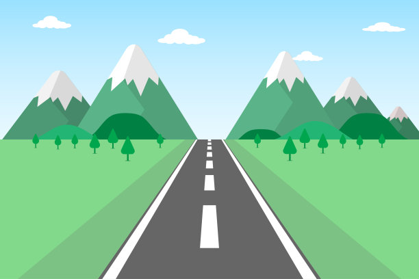 矢量景观背景。路在自然田野，山在山峦，云在蓝天。平面风格的秋、春自然插画。图片下载