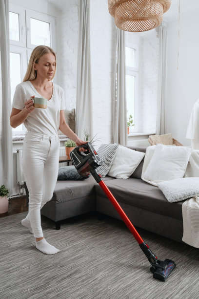 年轻女子在公寓用家用电器清洁图片下载