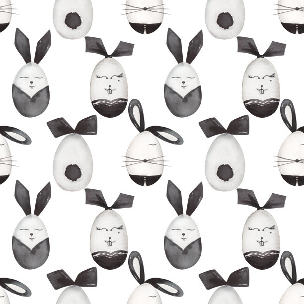 可爱兔子无缝图案，水彩手绘黑白动物纸，复活节兔子彩蛋剪贴纸，快乐节日兔子纺织印花图片下载