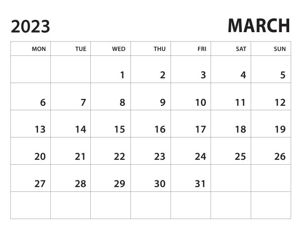 日历2023模板- 2023年3月矢量在白色背景，星期开始在星期一，台历2023年，墙壁日历设计，企业计划模板，干净的风格，水平模板图片下载