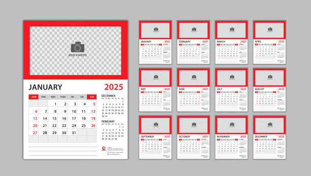 日历2025模板集红色背景，台历2025设计，计划表设计，墙壁日历模板，12个月，周一开始的一周，海报，年度组织者，文具，矢量图片下载