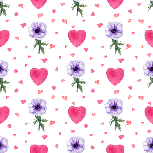 水彩无缝图案的海葵，心脏孤立在白色背景。明信片，海报，剪贴簿，邀请，背景，印刷，墙纸，织物，纺织品，包装的设计想法。图片下载