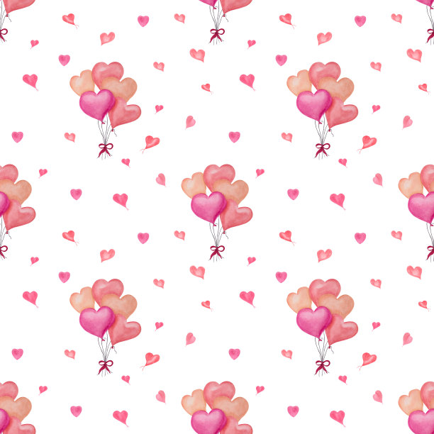 水彩无缝图案的气球，心脏孤立在白色背景。明信片，海报，剪贴簿，邀请，背景，印刷，墙纸，织物，纺织品，包装的设计想法。图片下载