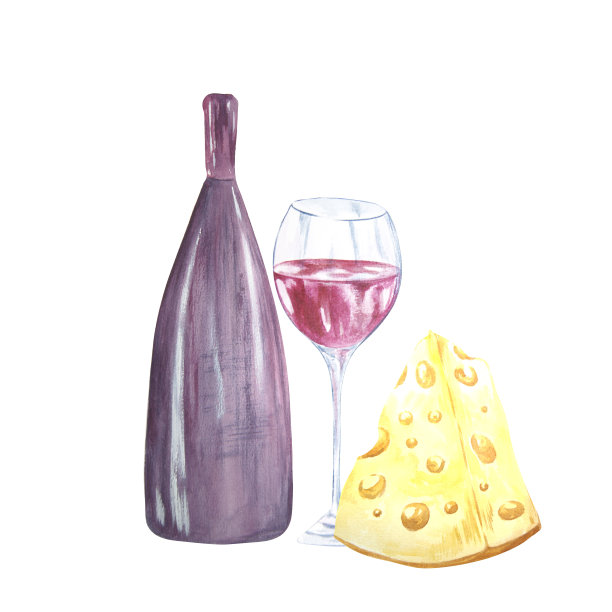 水彩画构成了一杯酒，奶酪，一瓶酒在白色的背景上。栅格可以用作项目，商品，明信片，商标的元素。图片下载
