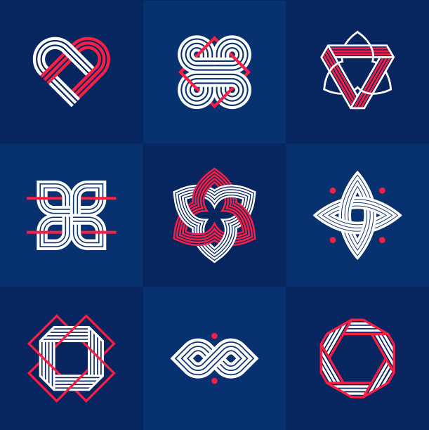 抽象几何线性符号矢量集，图形设计元素的标志创作，交织线条复古风格的图标集合。图片下载