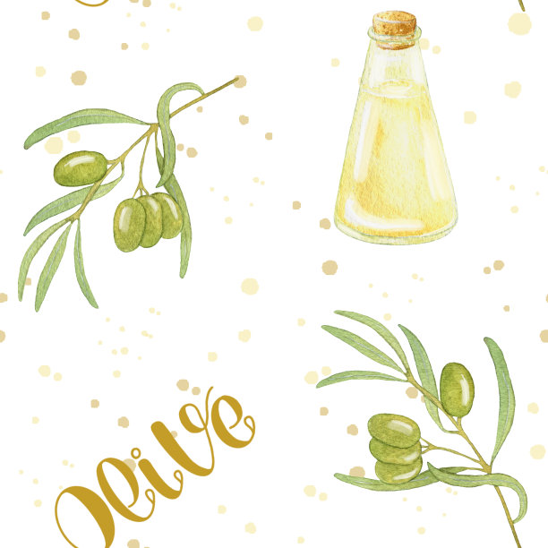 水彩橄榄无缝模式。插图与绿橄榄和一瓶油。化妆品包装设计等。图片下载