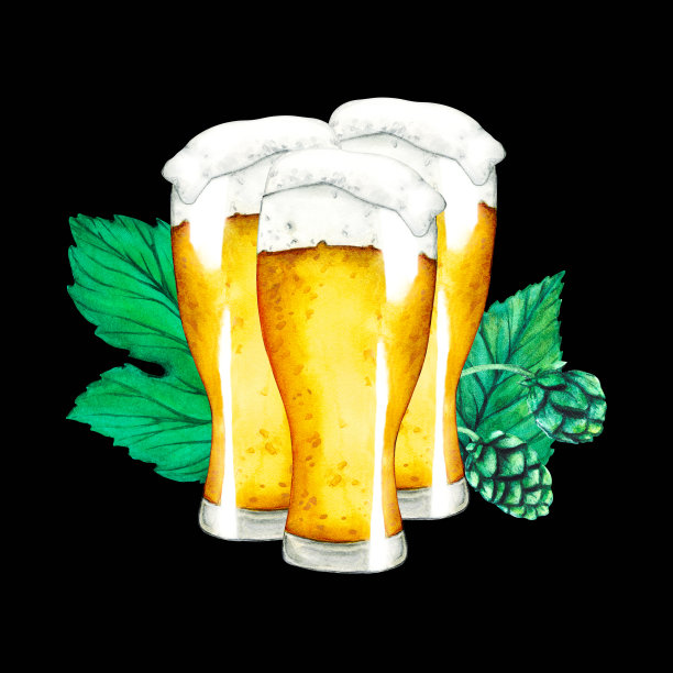 新鲜绿色啤酒花和啤酒杯水彩手绘插画图片下载