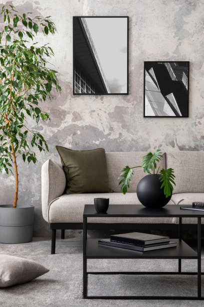 室内设计混凝土客厅与模拟海报框架，灰色沙发，绿色枕头，咖啡桌，圆形花瓶干花，植物和个人配件。家居装饰。模板。图片下载