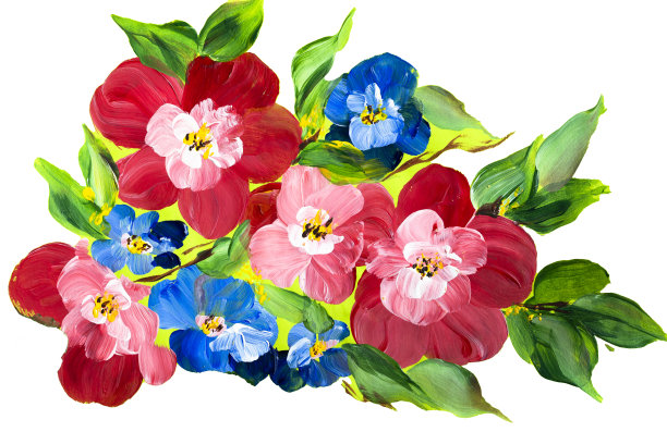 在明亮的背景上抽象出彩色的花朵。绘画用颜料，印象派风格，花画，丙烯，水粉。绘画的笔触。用于设计或印刷。花卉插图。图片下载