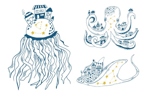 黄貂鱼、水母和章鱼手绘的蓝色轮廓画，还有可爱的房子和黄色的星星。海洋动物矢量插图。图片下载