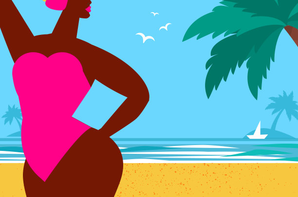 你好,夏天。时间旅行。快乐的年轻女子深色皮肤在热带海滩上穿着粉红色泳衣。夏季。大海，天空，棕榈树和美丽的海滩。图片下载