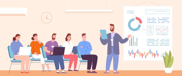 商业指导讲座。工作研讨会演讲人培训在工作学生教室，大会讲师观众，教练学习演示或研讨会专业知识，矢量插图图片下载