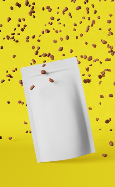 白色哑光袋咖啡豆掉落黄色3D渲染。商品折扣包装店设计促销销售。图片下载