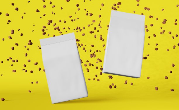 白色哑光袋咖啡豆掉落黄色3D渲染。商品折扣包装店设计促销销售。图片下载