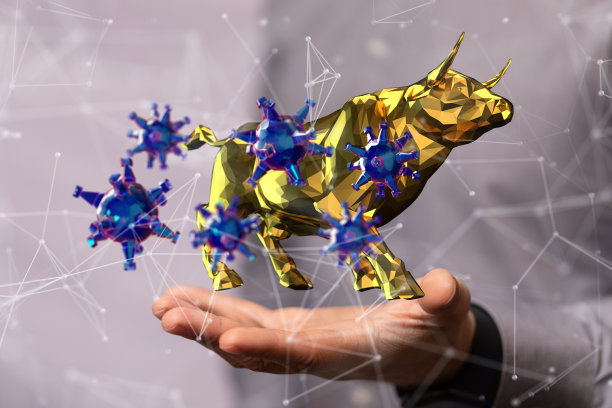 人手握金牛和蓝色分子，冠状病毒冲击经济概念图片下载
