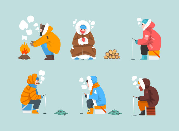 男人穿着暖暖的冬装在冰天雪地上钓鱼图片下载