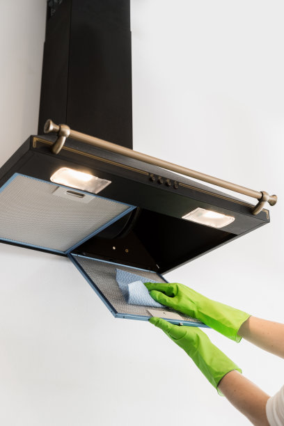 妇女在厨房清洗炊具罩过滤器图片下载