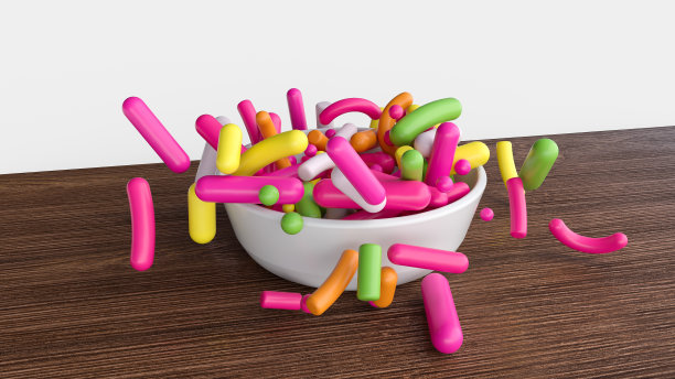 彩色糖果撒在瓷碗和木板上的三维渲染图片下载