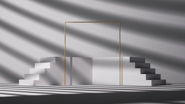 3d渲染，带有阴影的抽象背景，白色台阶和金色方形框架。产品展示的空白展示场景图片下载