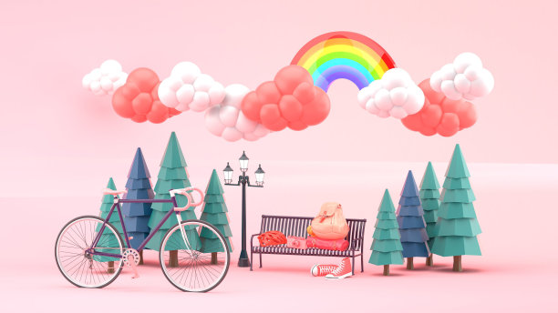 在公园里的自行车和背包上粉红色的天空。3 d渲染。“n图片下载