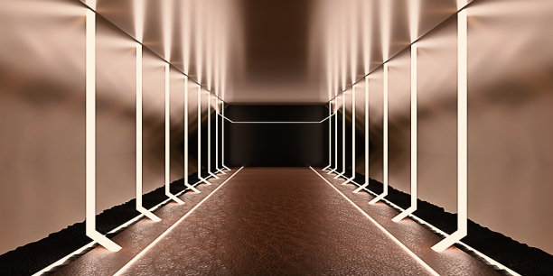 科学Fy霓虹灯发光黑暗走廊飞船走廊隧道未来主义技术空隧道房间发光霓虹灯颜色背景3D插图图片下载