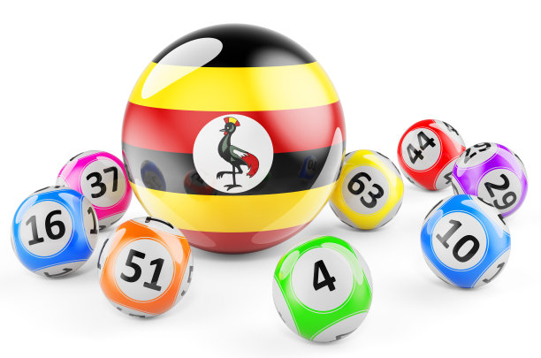 有乌干达国旗的乐透球。乌干达彩票概念，3D渲染图片下载