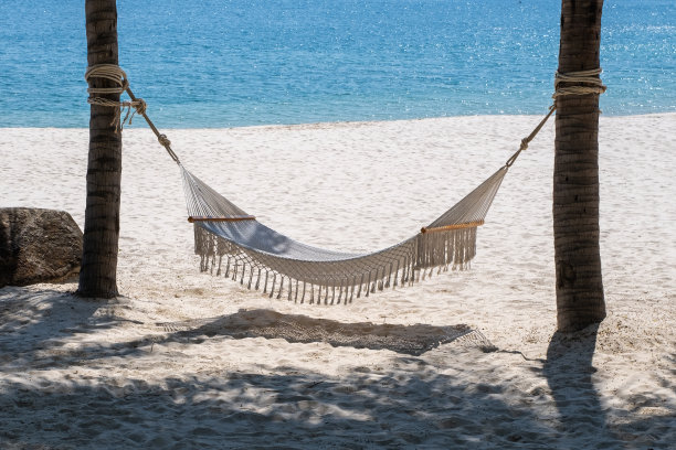 白色沙滩上棕榈树间的吊床图片下载