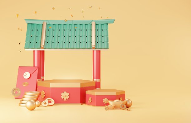 2023年兔年中国新年快乐。传统的展示产品的讲台。农历新年红色背景装饰与中国的纹理，黄金，硬币，和生肖。3 d渲染。图片下载